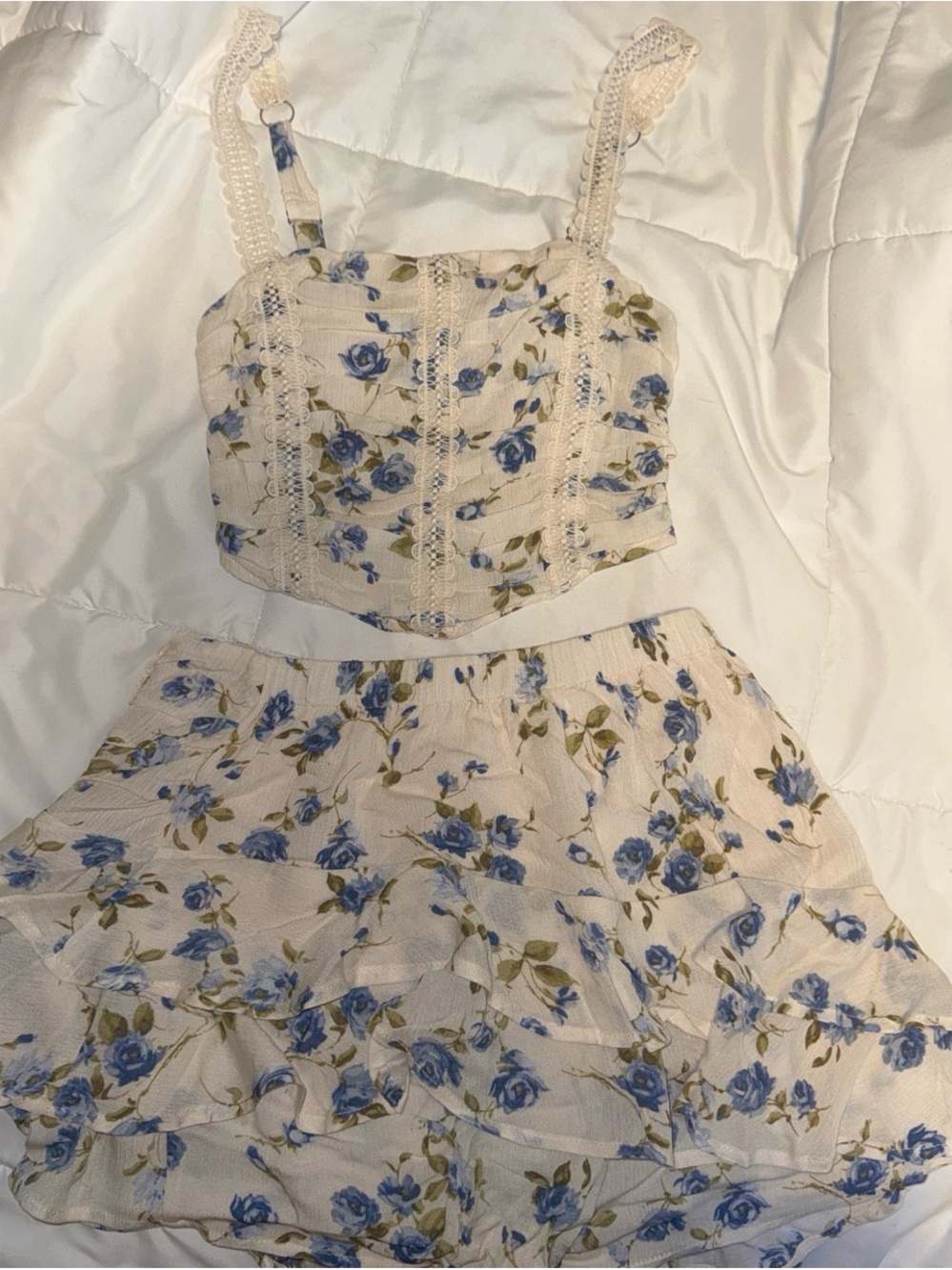 Full Tilt Cream Floral Two-Piece Crop Top and Skirt Set with Blue Roses
